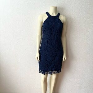 Berydress Navy Blue Lace Mini Dress Women’s Halter Neck Sleeveless Lined Size L
